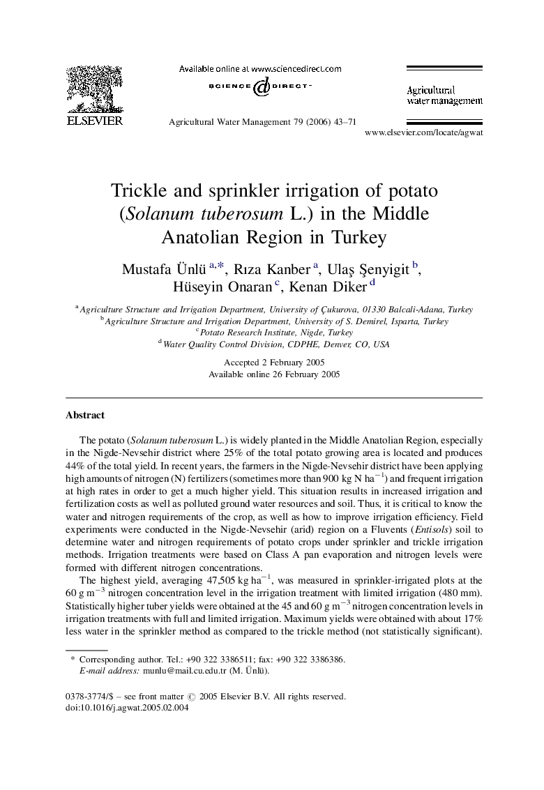 Trickle and sprinkler irrigation of potato (Solanum tuberosum L.) in the Middle Anatolian Region in Turkey