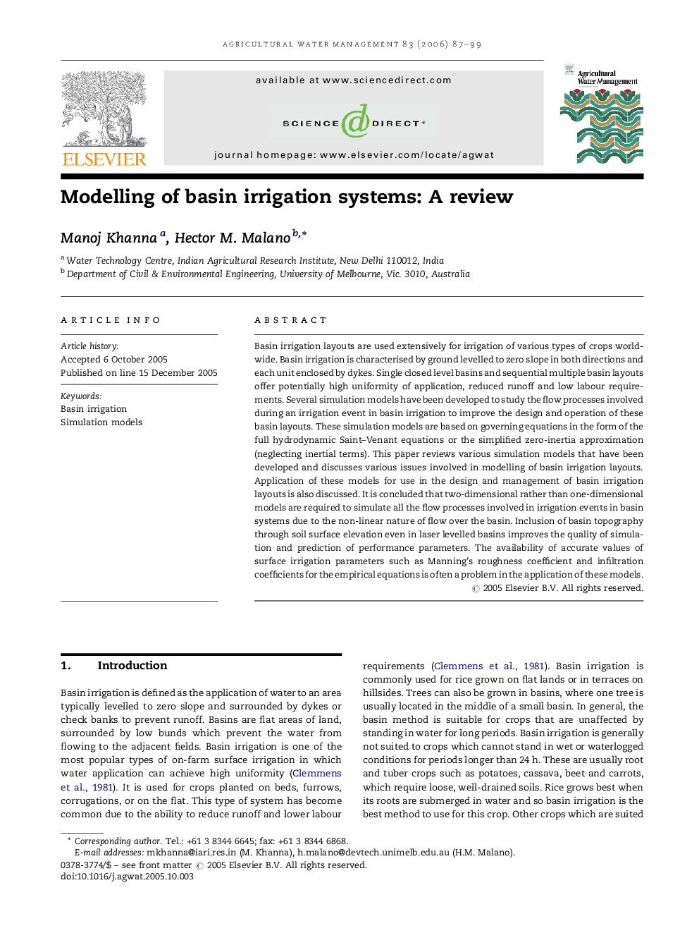 Modelling of basin irrigation systems: A review