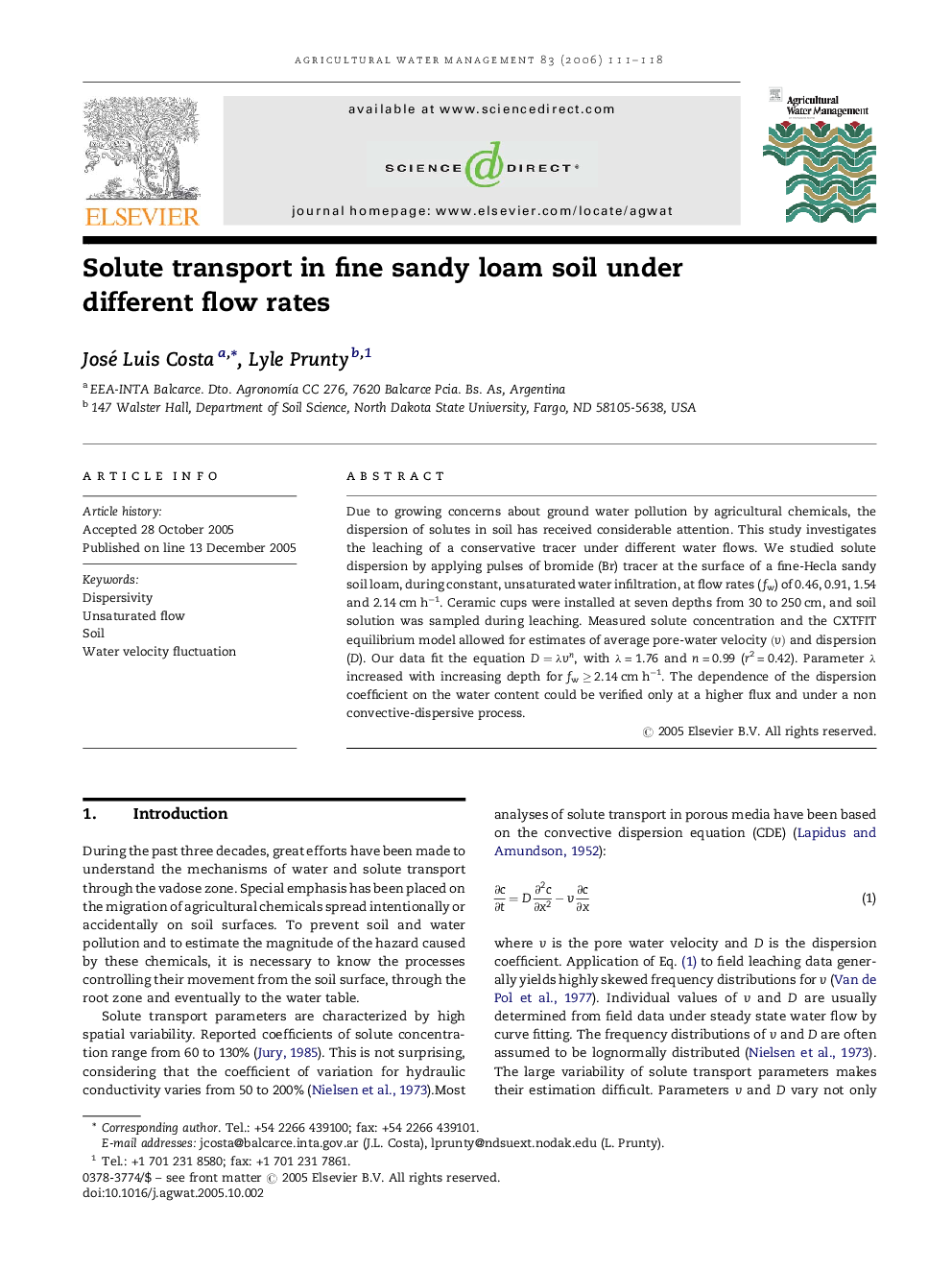 Solute transport in fine sandy loam soil under different flow rates