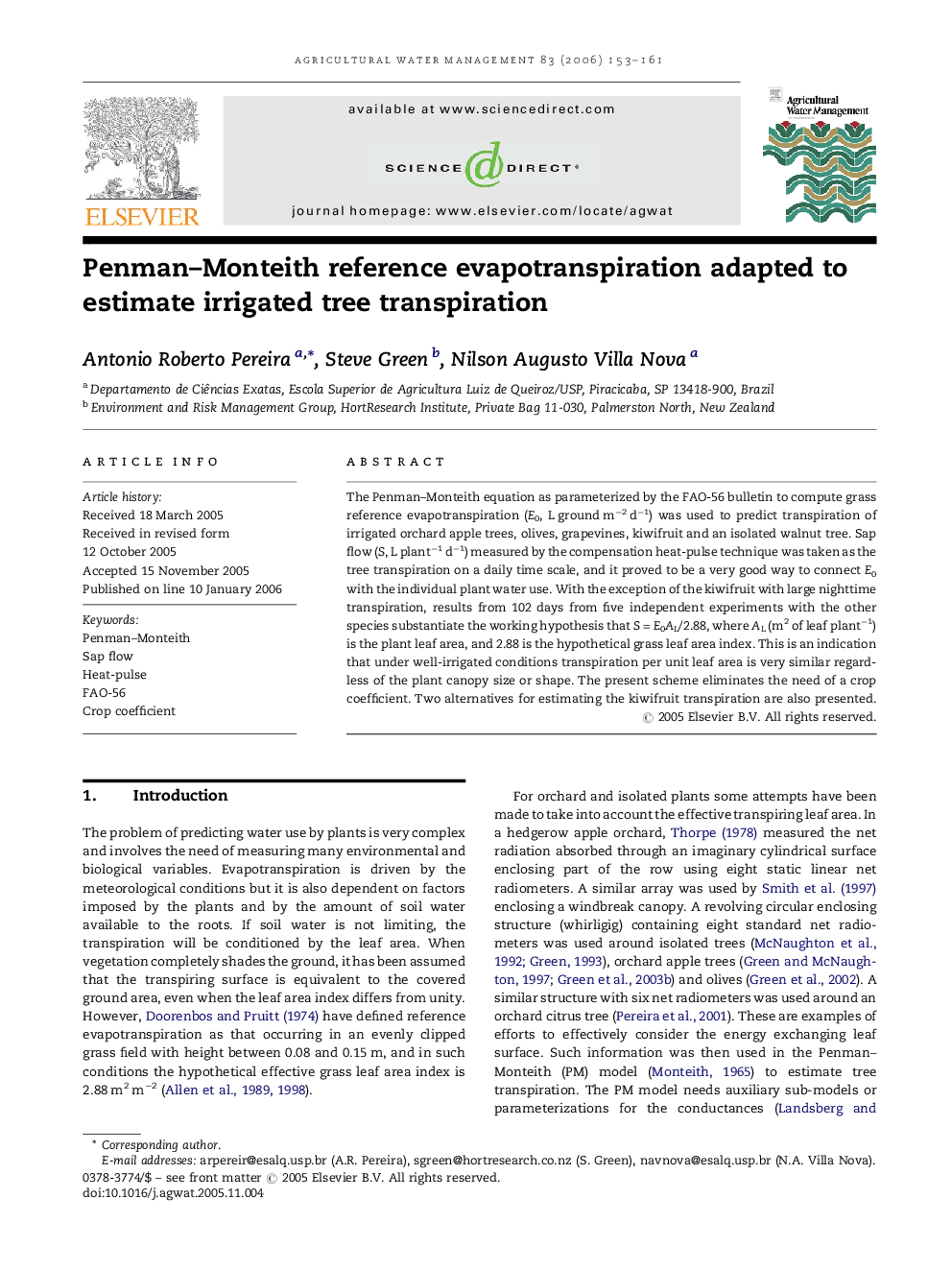 Penman–Monteith reference evapotranspiration adapted to estimate irrigated tree transpiration