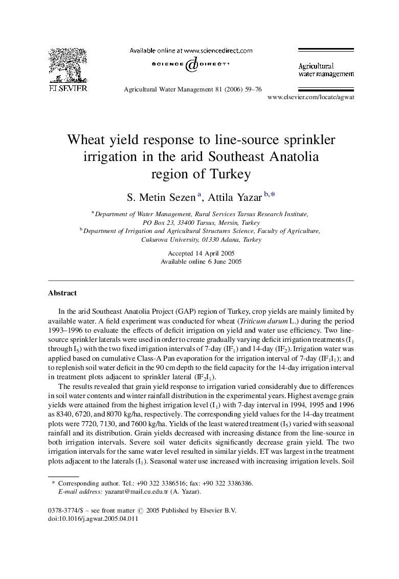 Wheat yield response to line-source sprinkler irrigation in the arid Southeast Anatolia region of Turkey