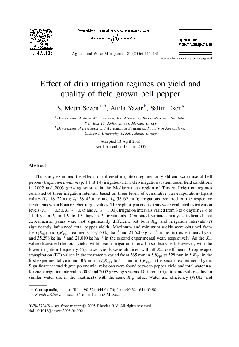 Effect of drip irrigation regimes on yield and quality of field grown bell pepper