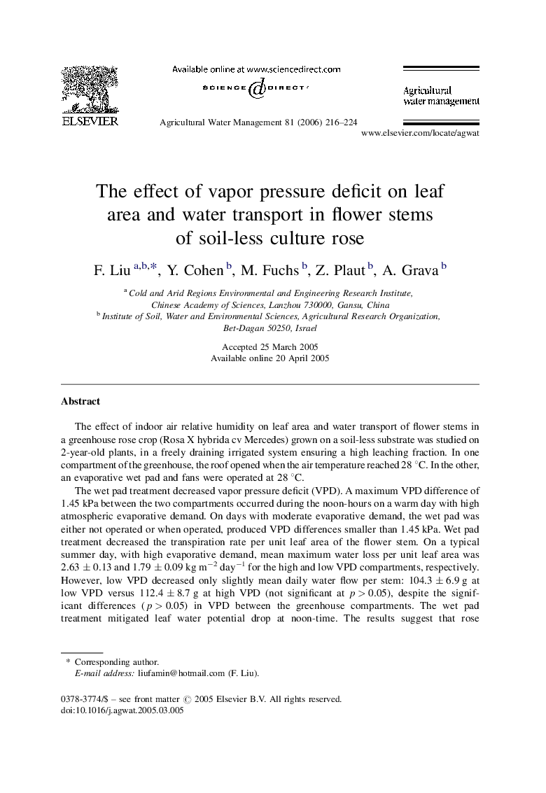 The effect of vapor pressure deficit on leaf area and water transport in flower stems of soil-less culture rose