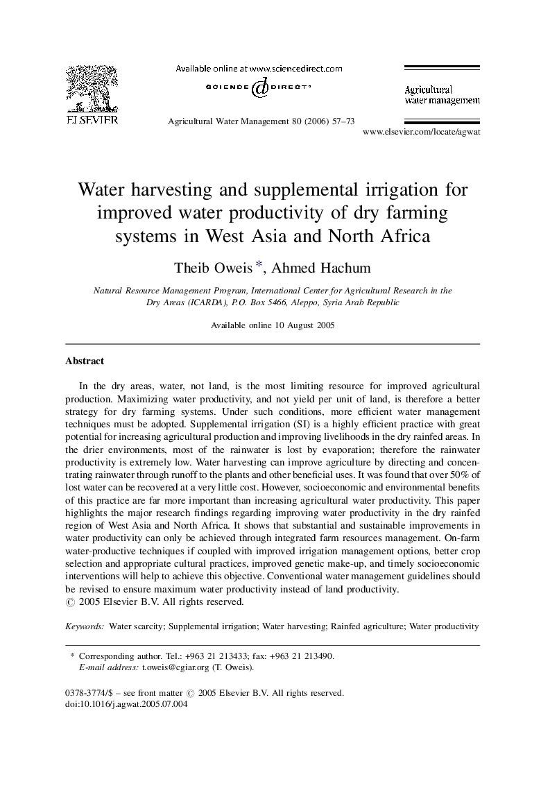 Water harvesting and supplemental irrigation for improved water productivity of dry farming systems in West Asia and North Africa