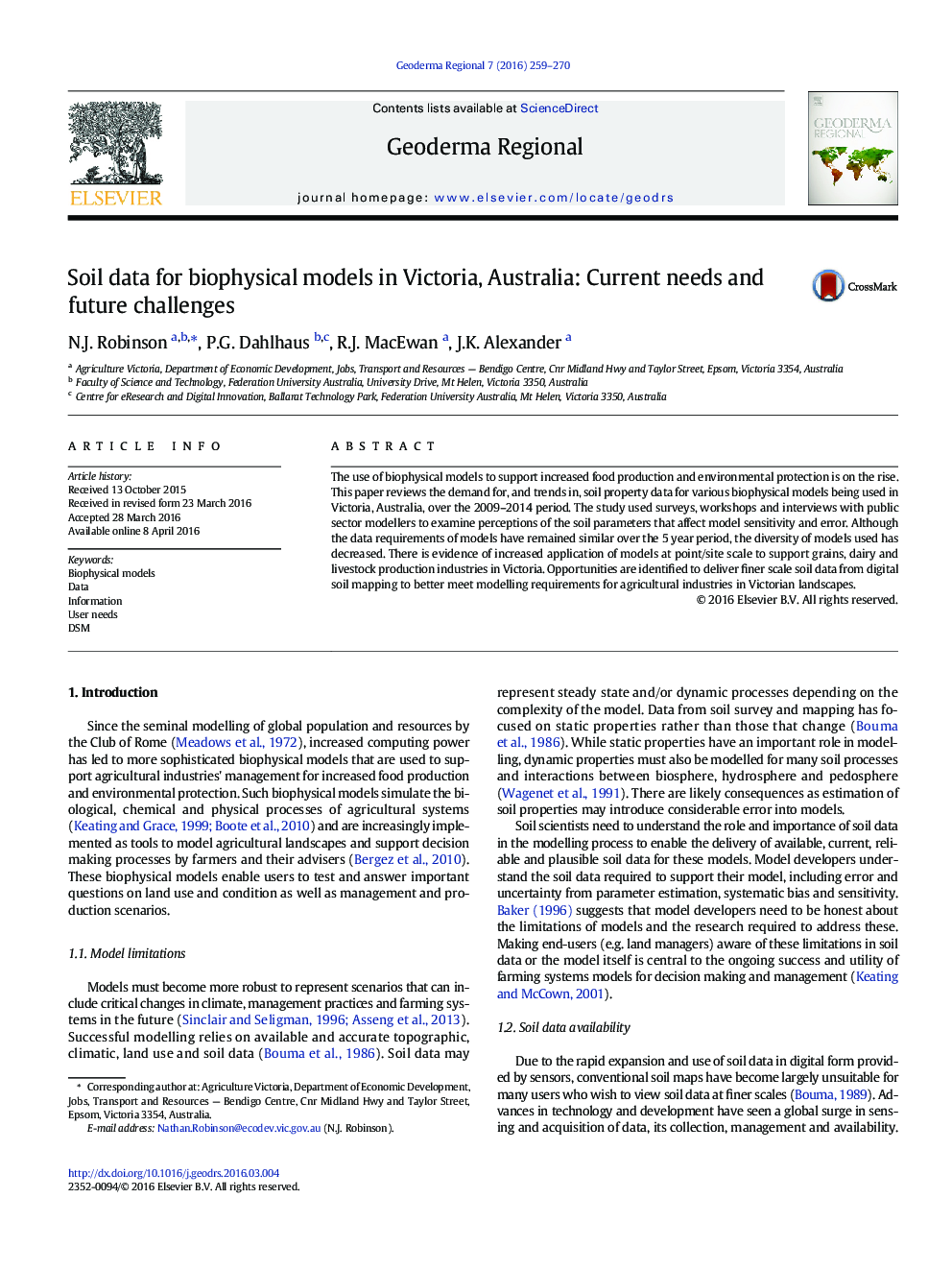 Soil data for biophysical models in Victoria, Australia: Current needs and future challenges