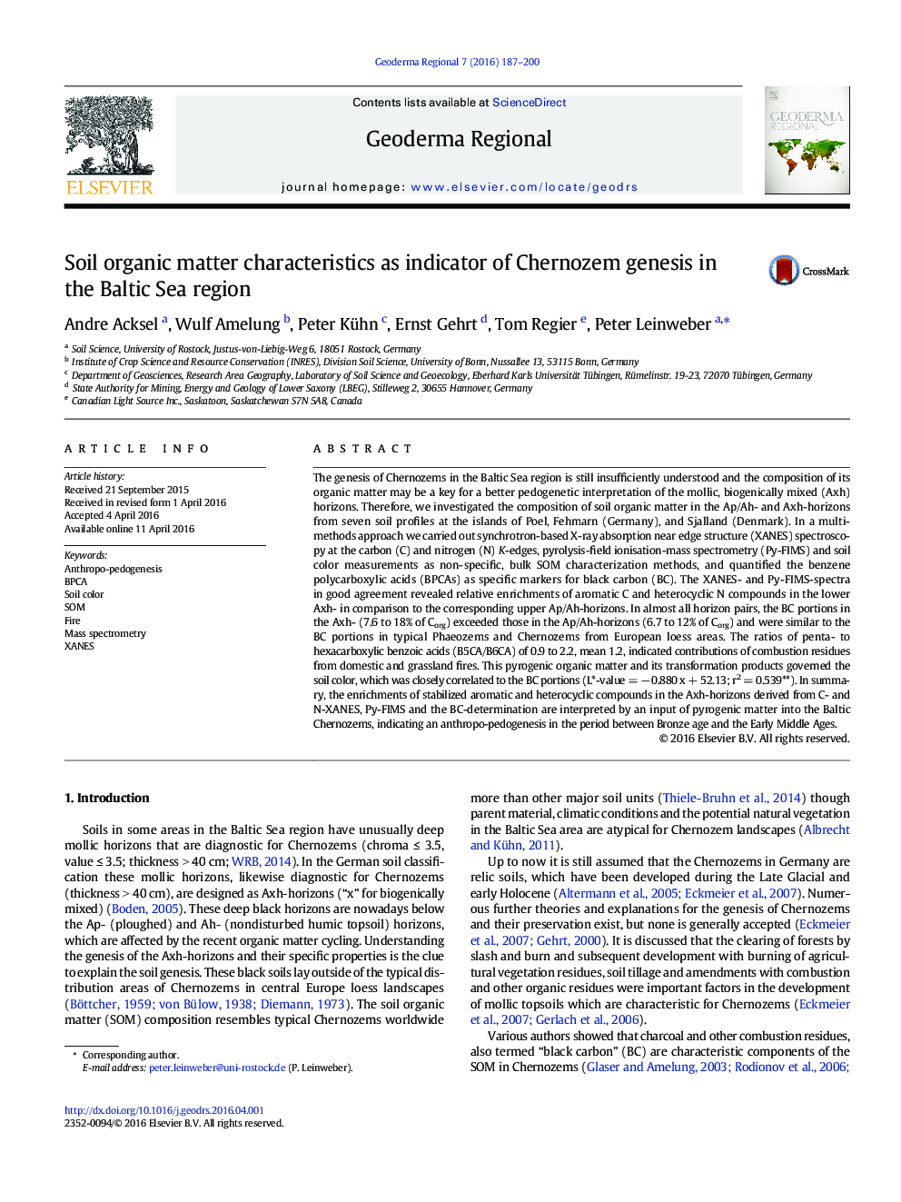 Soil organic matter characteristics as indicator of Chernozem genesis in the Baltic Sea region