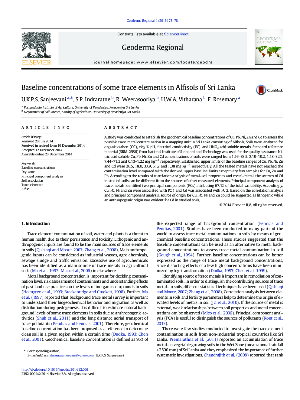 Baseline concentrations of some trace elements in Alfisols of Sri Lanka