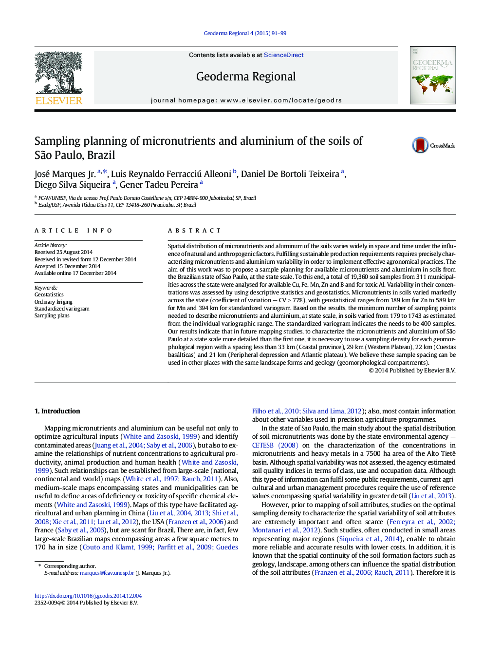 Sampling planning of micronutrients and aluminium of the soils of São Paulo, Brazil