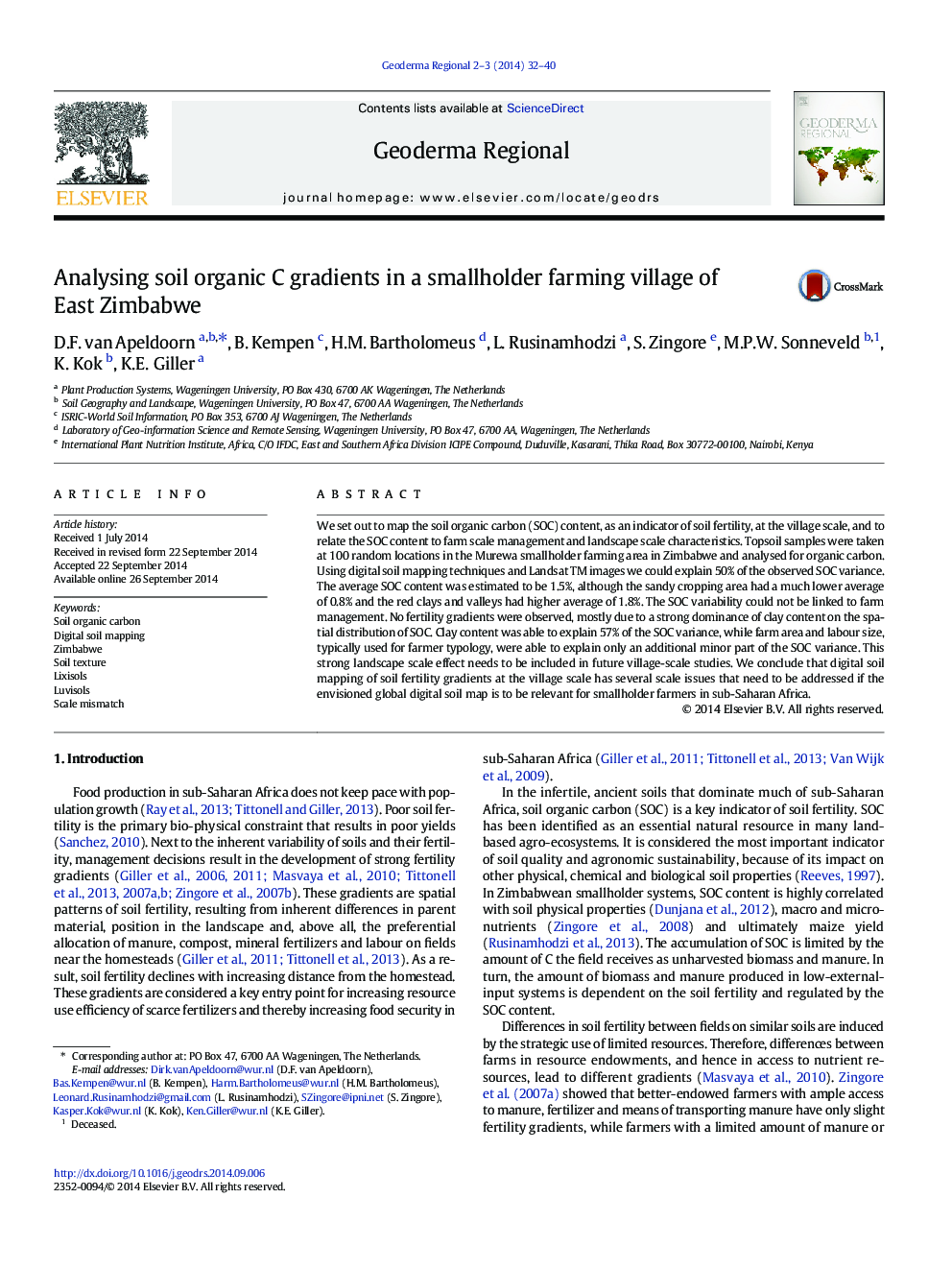 Analysing soil organic C gradients in a smallholder farming village of East Zimbabwe