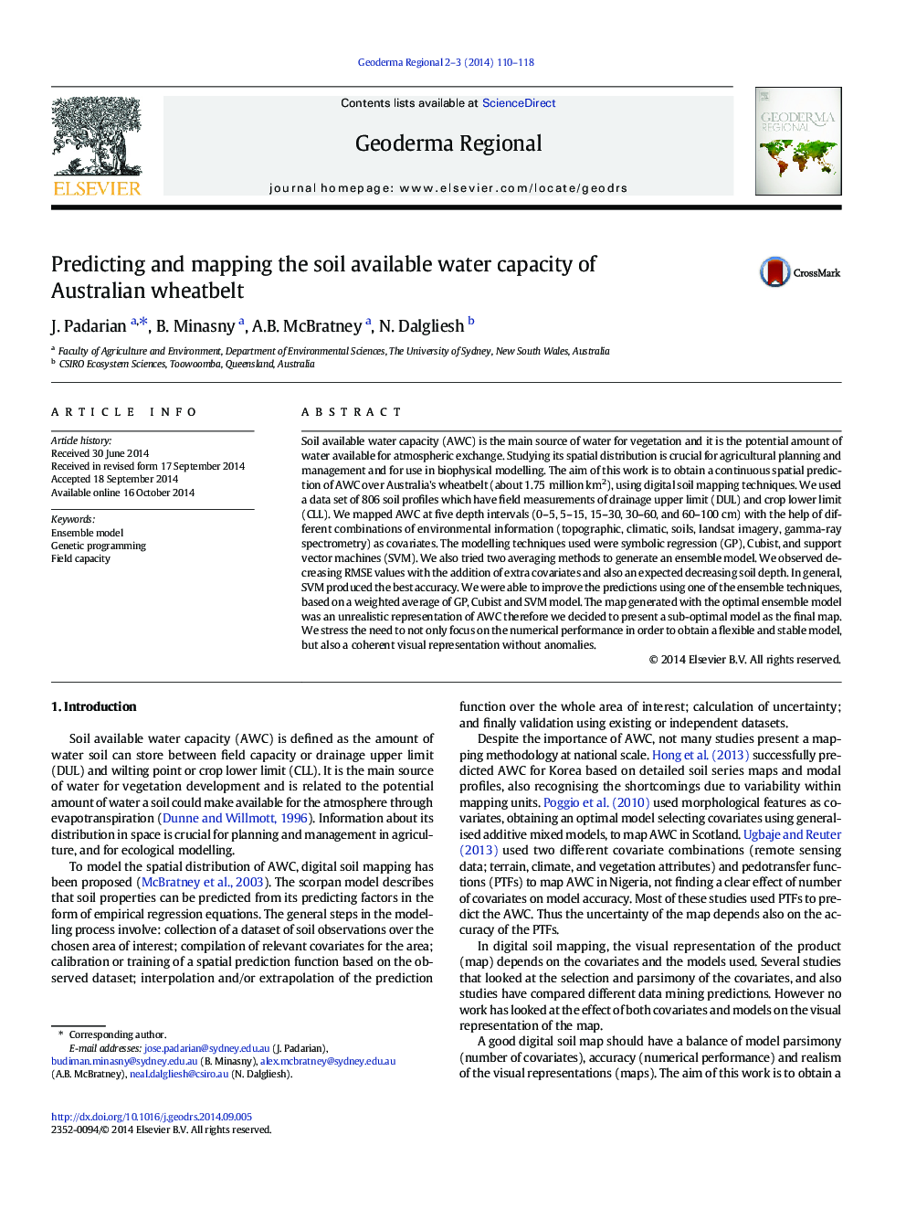 Predicting and mapping the soil available water capacity of Australian wheatbelt