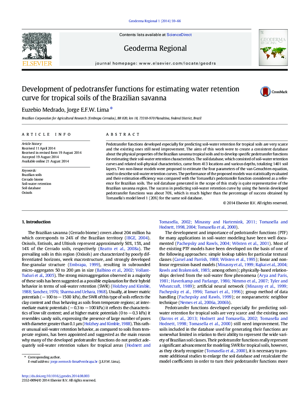 Development of pedotransfer functions for estimating water retention curve for tropical soils of the Brazilian savanna