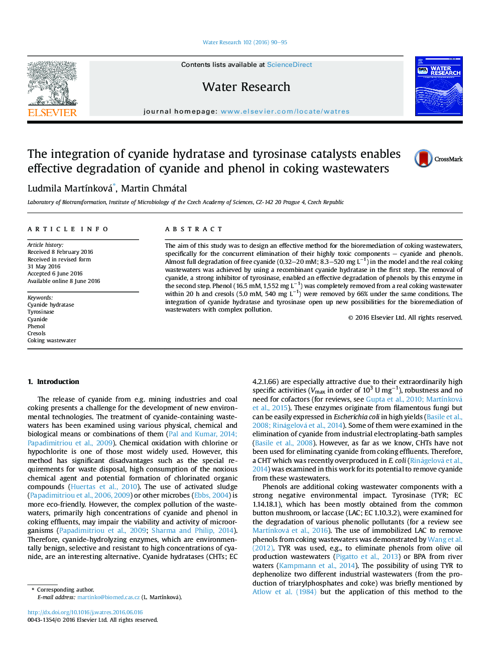 The integration of cyanide hydratase and tyrosinase catalysts enables effective degradation of cyanide and phenol in coking wastewaters