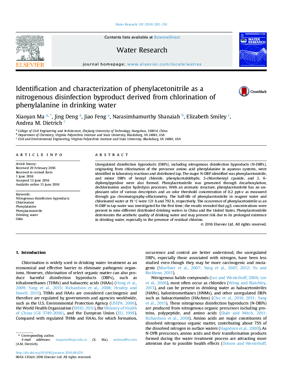 Identification and characterization of phenylacetonitrile as a nitrogenous disinfection byproduct derived from chlorination of phenylalanine in drinking water