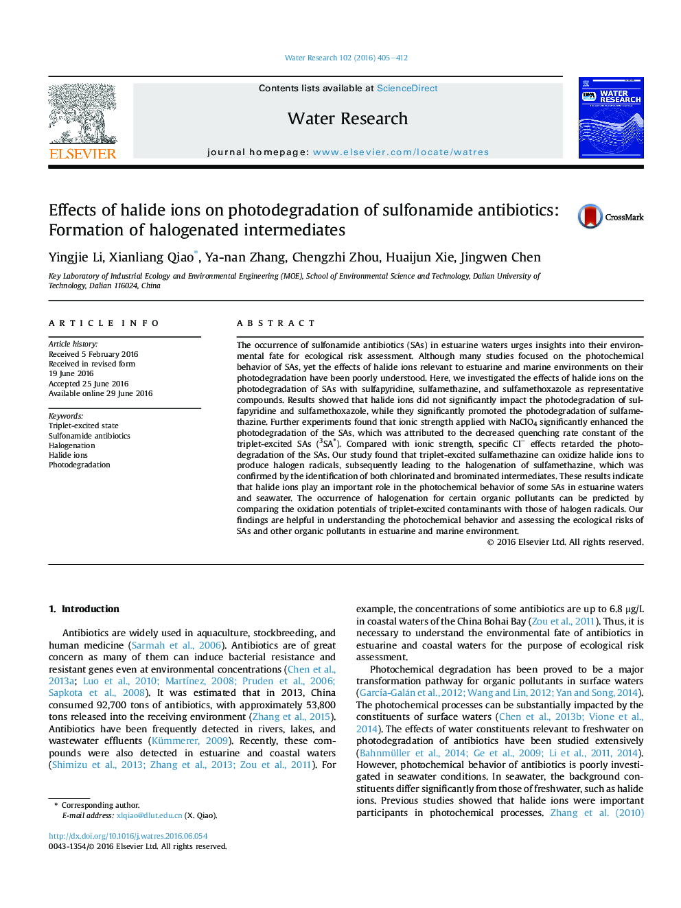 Effects of halide ions on photodegradation of sulfonamide antibiotics: Formation of halogenated intermediates