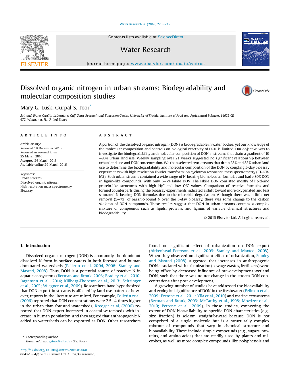 Dissolved organic nitrogen in urban streams: Biodegradability and molecular composition studies