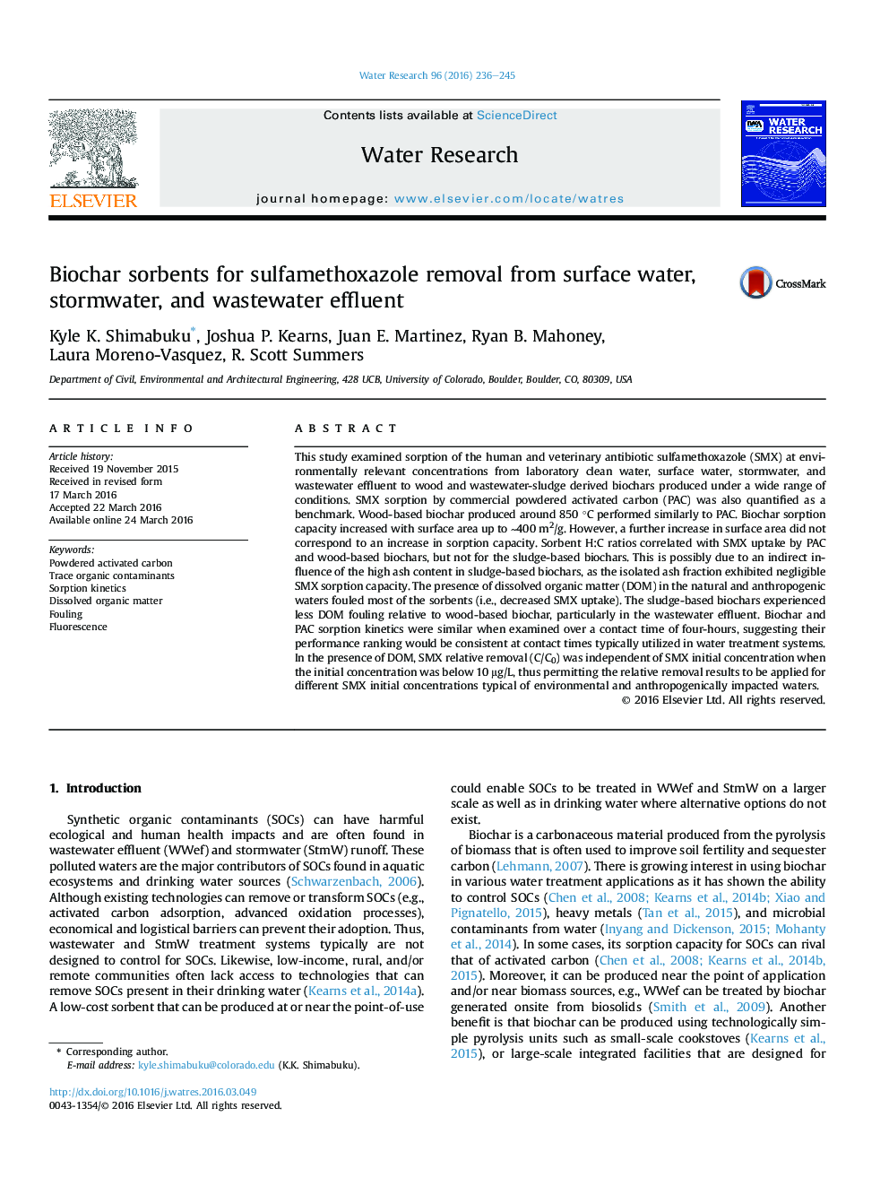 Biochar sorbents for sulfamethoxazole removal from surface water, stormwater, and wastewater effluent