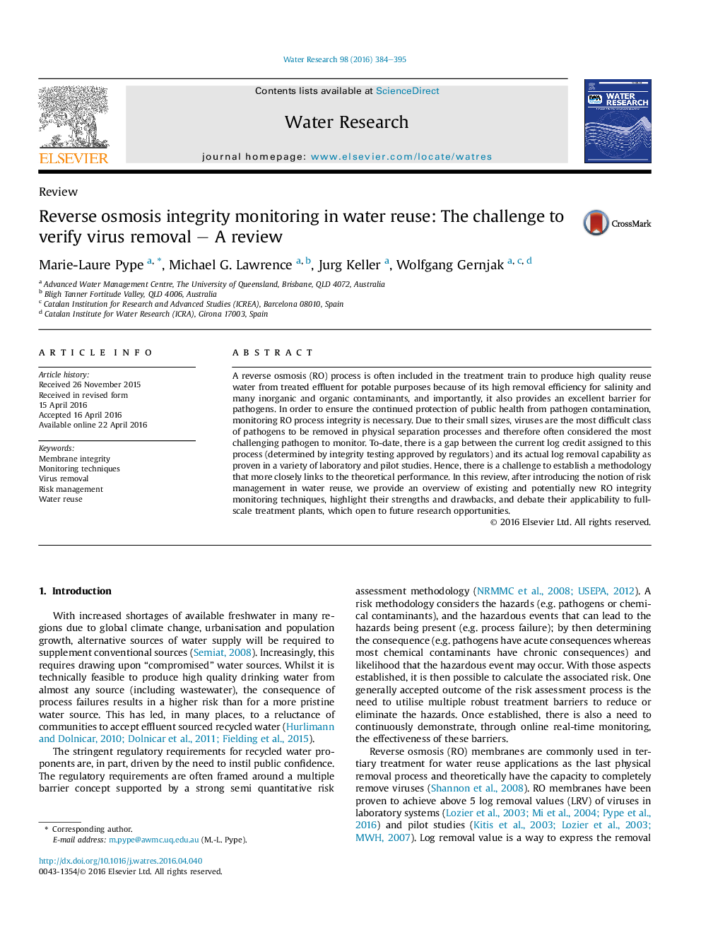 Reverse osmosis integrity monitoring in water reuse: The challenge to verify virus removal – A review