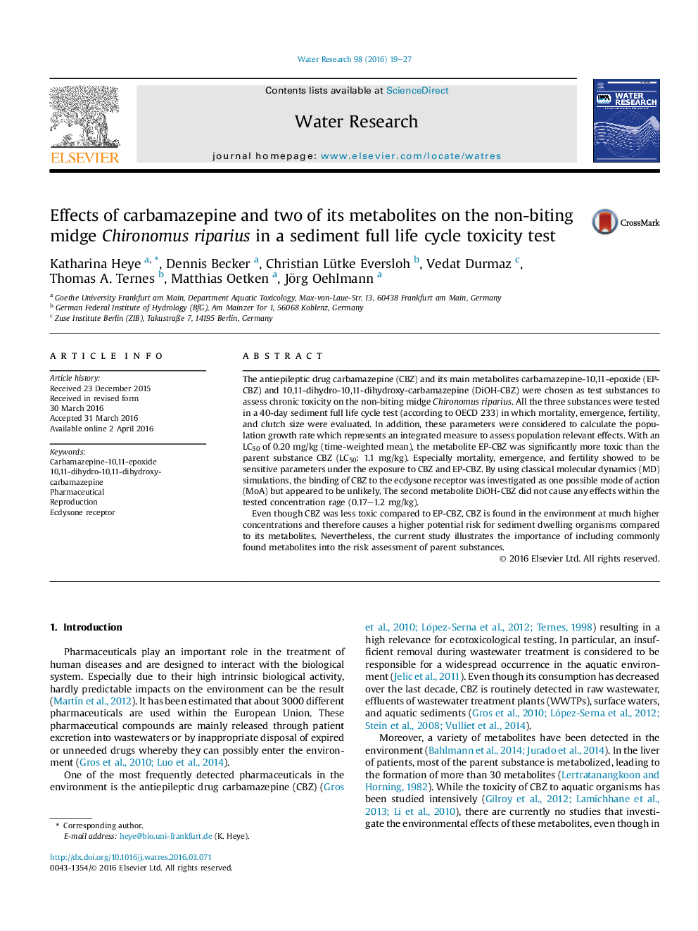 Effects of carbamazepine and two of its metabolites on the non-biting midge Chironomus riparius in a sediment full life cycle toxicity test