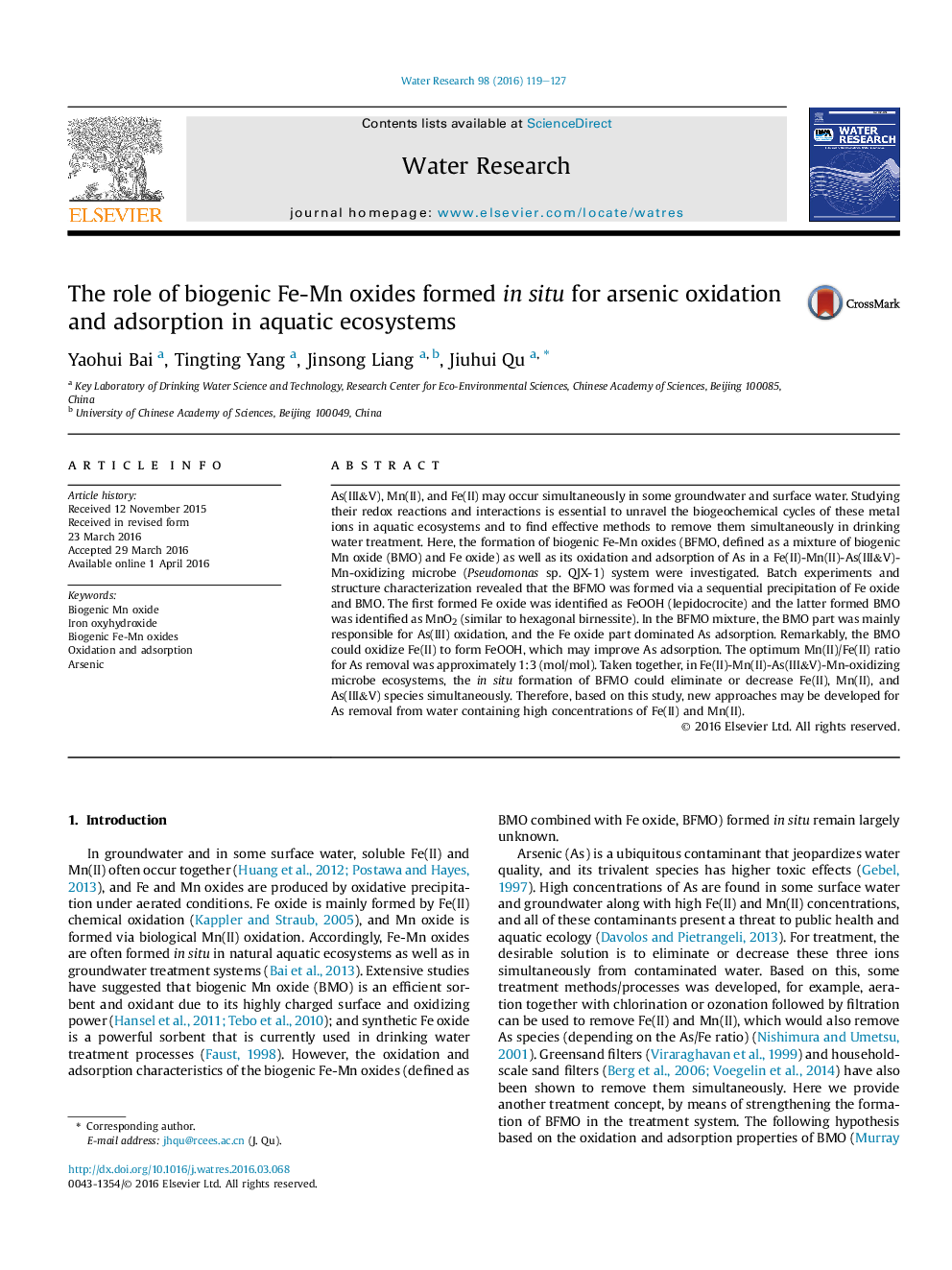 The role of biogenic Fe-Mn oxides formed in situ for arsenic oxidation and adsorption in aquatic ecosystems