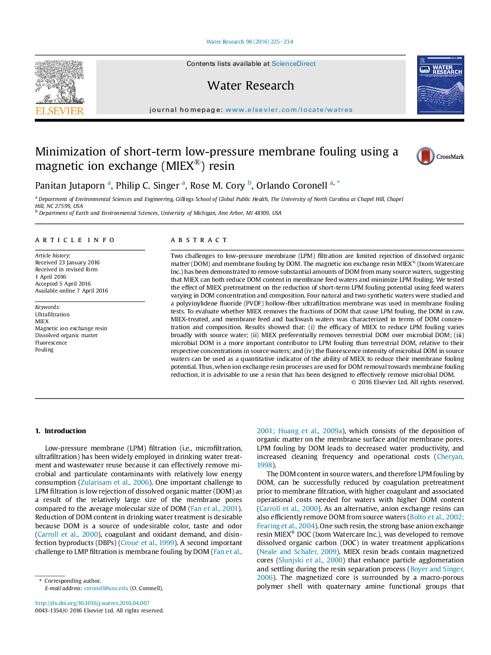 Minimization of short-term low-pressure membrane fouling using a magnetic ion exchange (MIEX®) resin