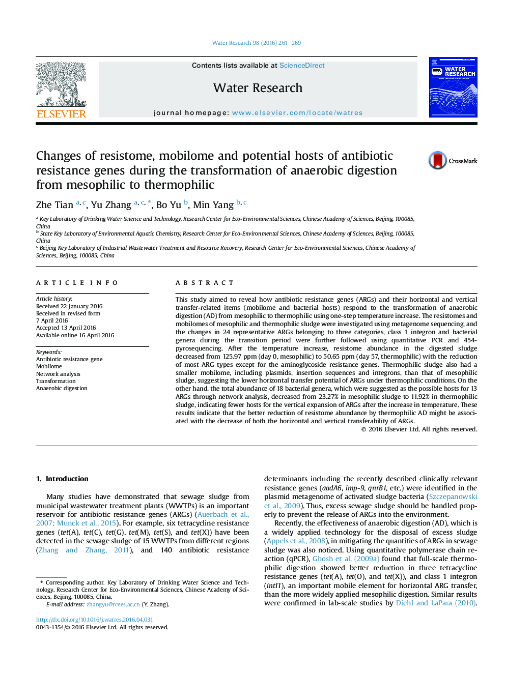 Changes of resistome, mobilome and potential hosts of antibiotic resistance genes during the transformation of anaerobic digestion from mesophilic to thermophilic