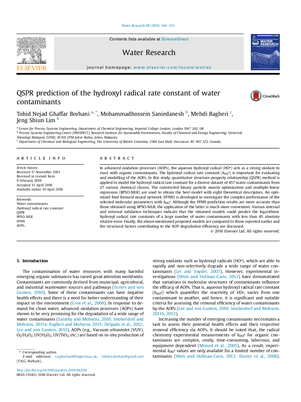 QSPR prediction of the hydroxyl radical rate constant of water contaminants