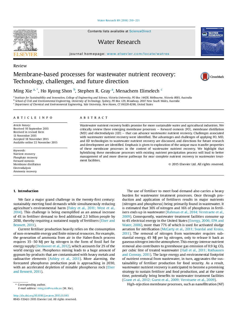 Membrane-based processes for wastewater nutrient recovery: Technology, challenges, and future direction