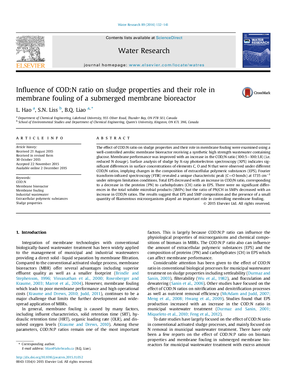 Influence of COD:N ratio on sludge properties and their role in membrane fouling of a submerged membrane bioreactor