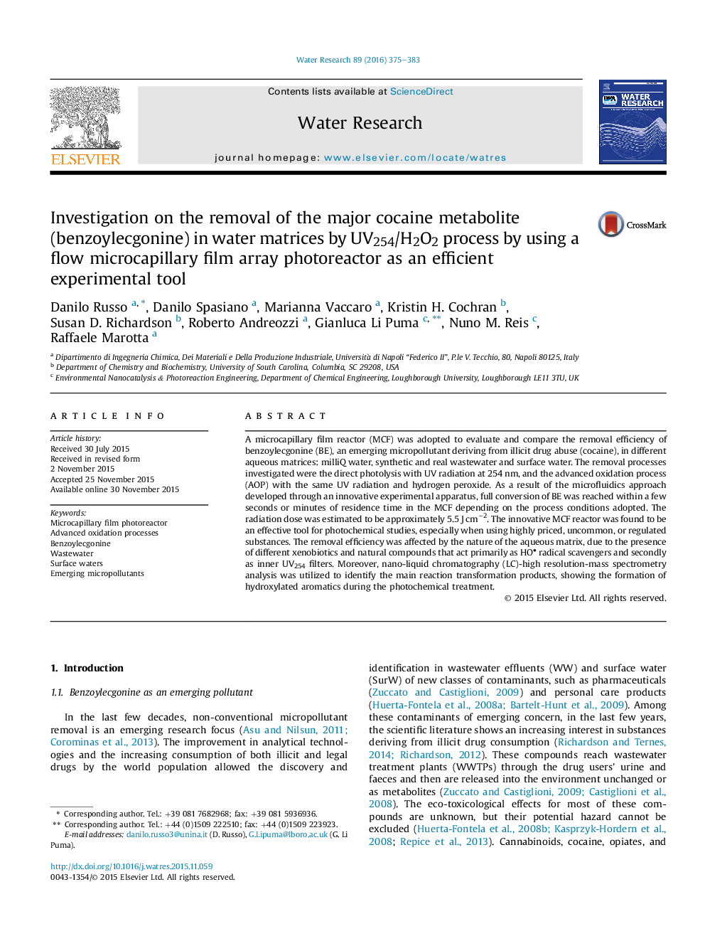 Investigation on the removal of the major cocaine metabolite (benzoylecgonine) in water matrices by UV254/H2O2 process by using a flow microcapillary film array photoreactor as an efficient experimental tool