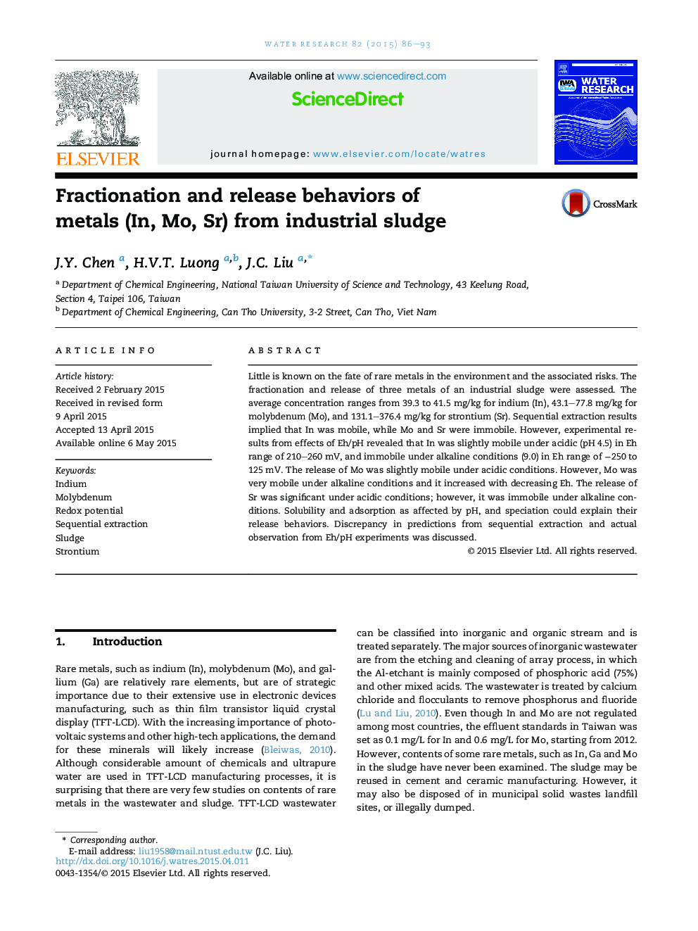 Fractionation and release behaviors of metals (In, Mo, Sr) from industrial sludge