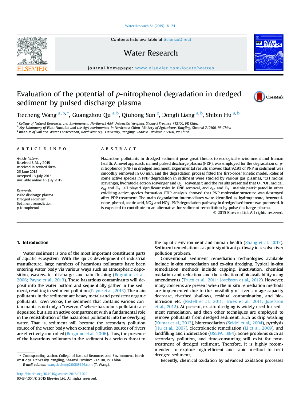 Evaluation of the potential of p-nitrophenol degradation in dredged sediment by pulsed discharge plasma