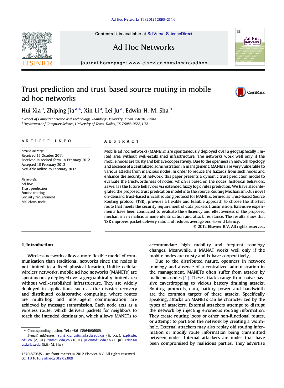 Trust prediction and trust-based source routing in mobile ad hoc networks