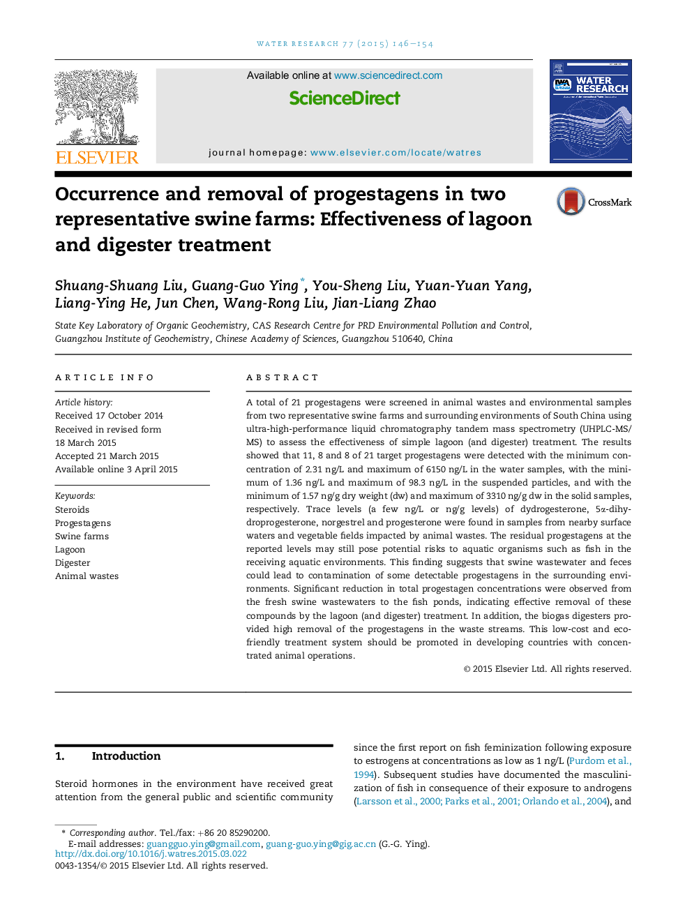 Occurrence and removal of progestagens in two representative swine farms: Effectiveness of lagoon and digester treatment