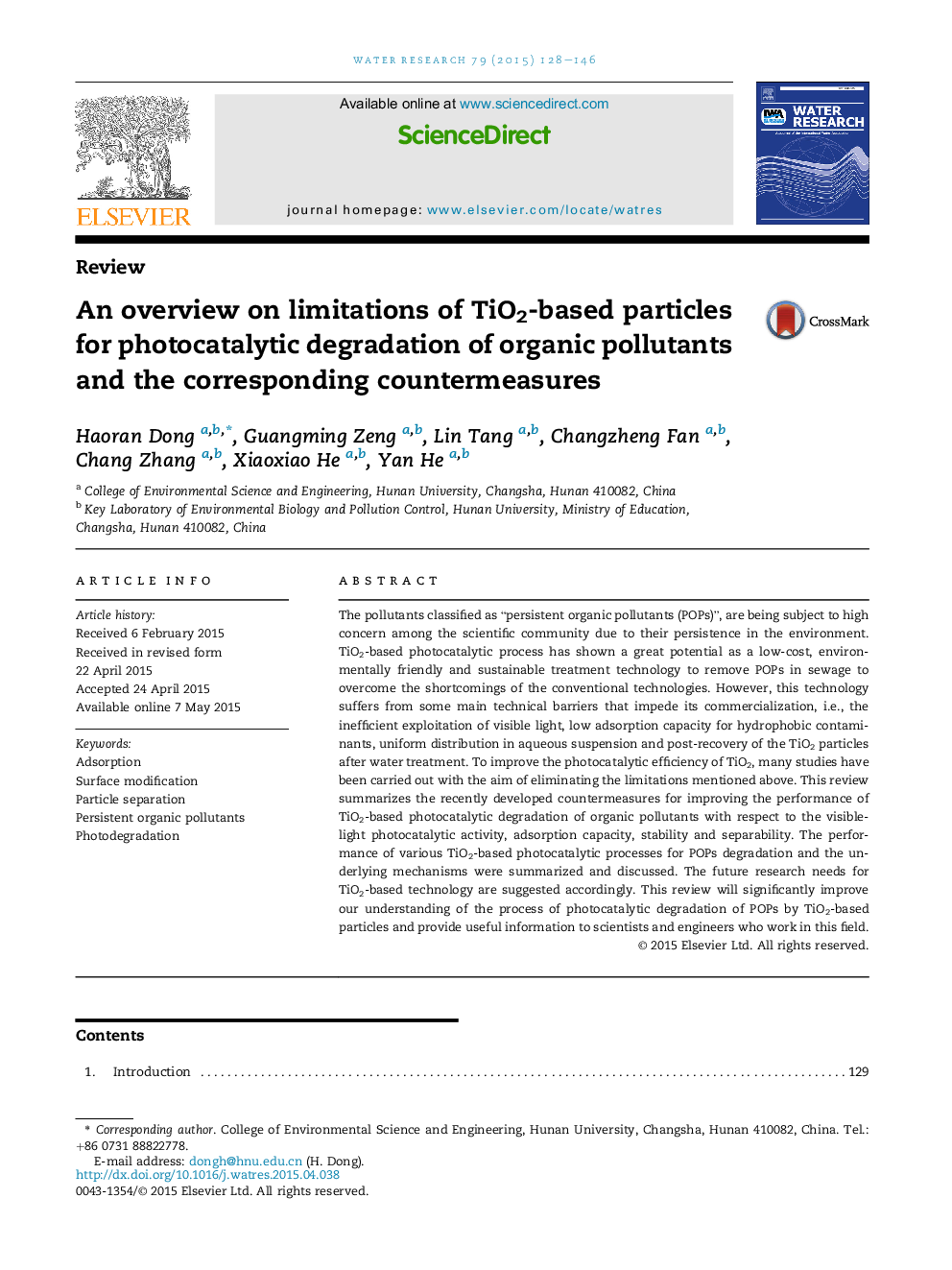 An overview on limitations of TiO2-based particles for photocatalytic degradation of organic pollutants and the corresponding countermeasures