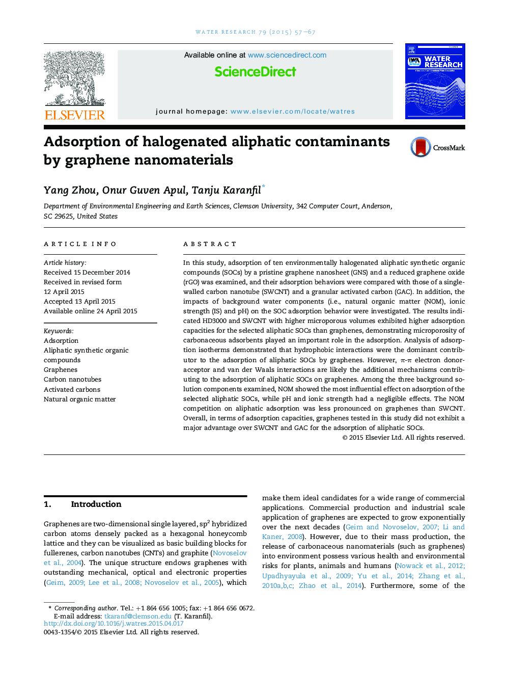 Adsorption of halogenated aliphatic contaminants by graphene nanomaterials