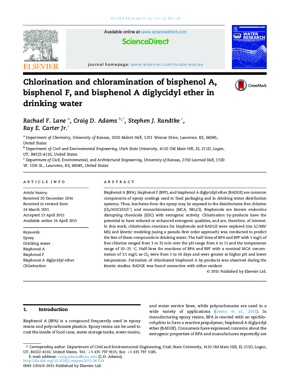 Chlorination and chloramination of bisphenol A, bisphenol F, and bisphenol A diglycidyl ether in drinking water