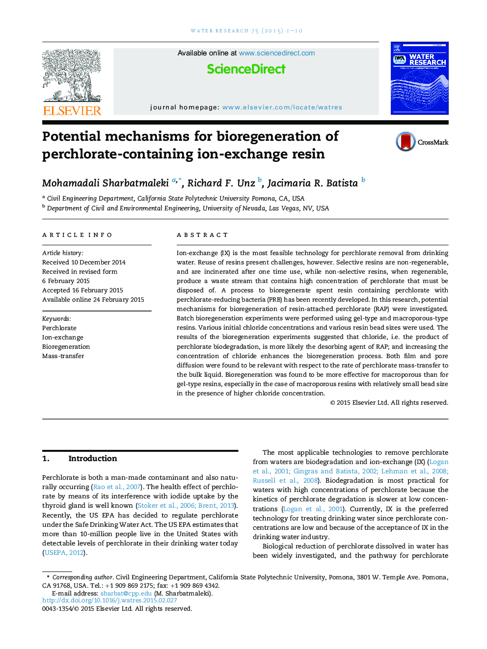 Potential mechanisms for bioregeneration of perchlorate-containing ion-exchange resin