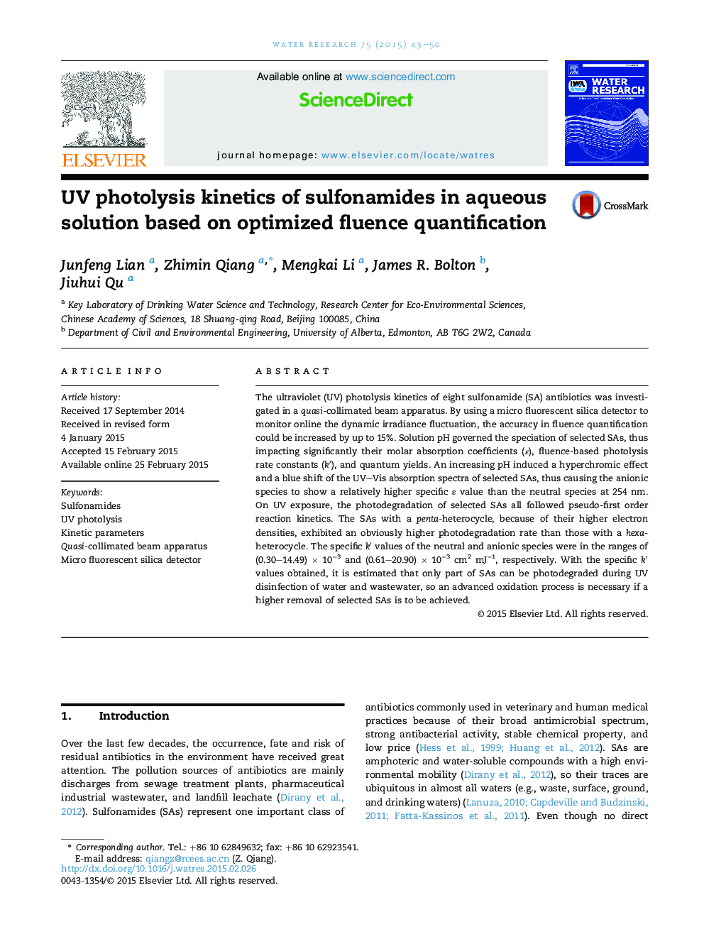 UV photolysis kinetics of sulfonamides in aqueous solution based on optimized fluence quantification