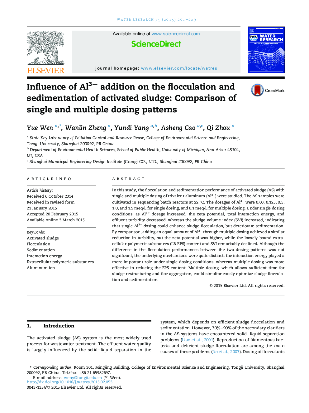 Influence of Al3+ addition on the flocculation and sedimentation of activated sludge: Comparison of single and multiple dosing patterns