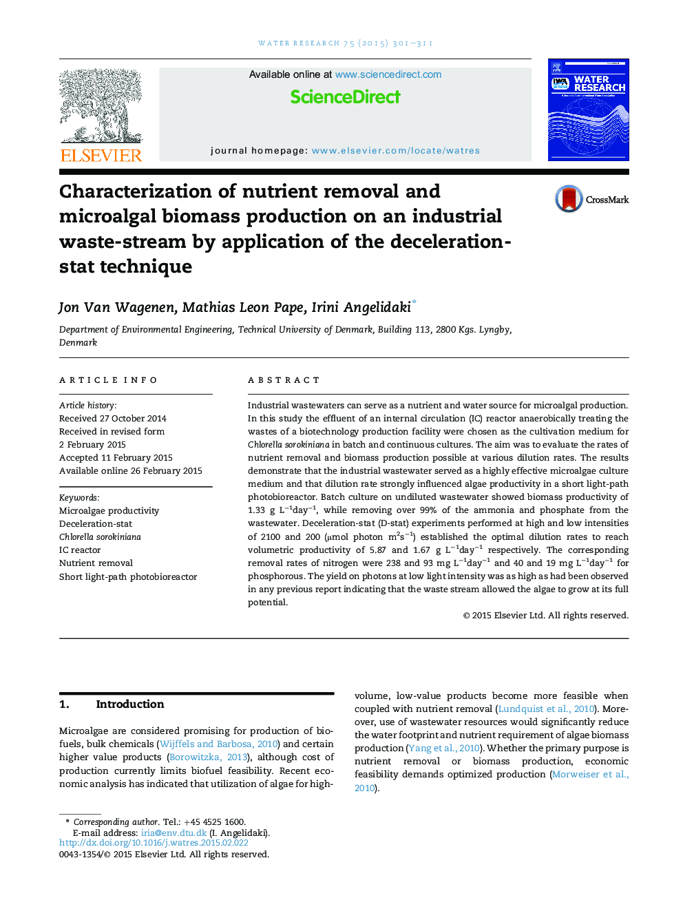 Characterization of nutrient removal and microalgal biomass production on an industrial waste-stream by application of the deceleration-stat technique