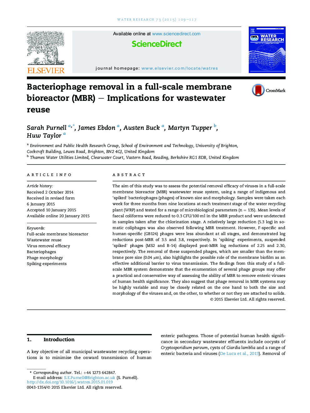 Bacteriophage removal in a full-scale membrane bioreactor (MBR) – Implications for wastewater reuse