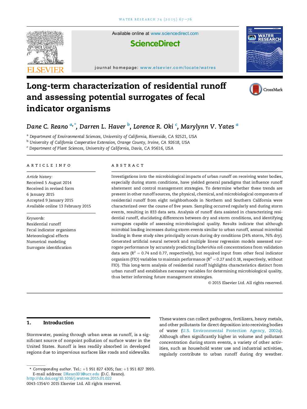 Long-term characterization of residential runoff and assessing potential surrogates of fecal indicator organisms