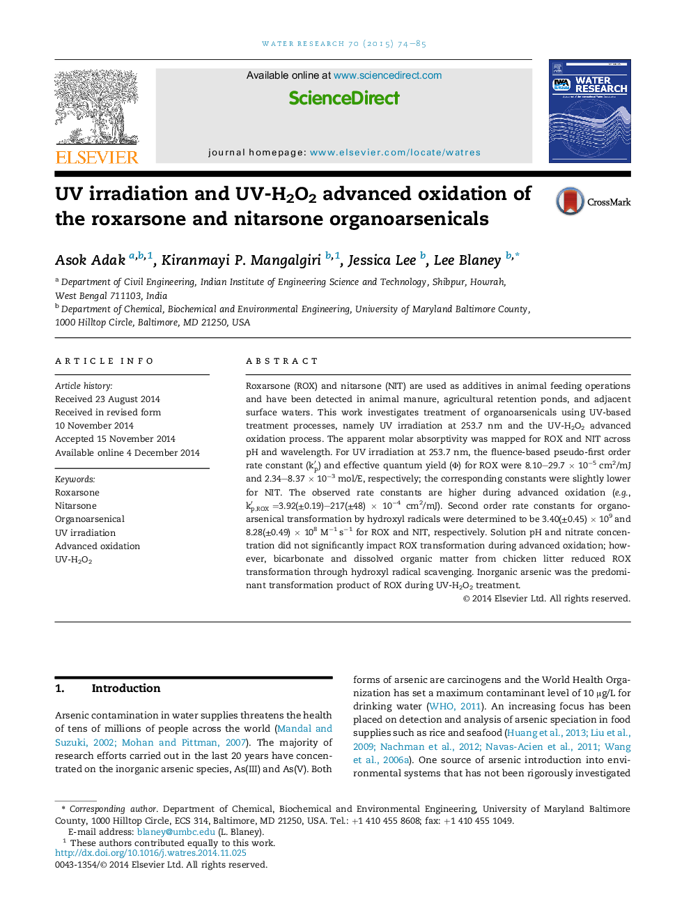 UV irradiation and UV-H2O2 advanced oxidation of the roxarsone and nitarsone organoarsenicals