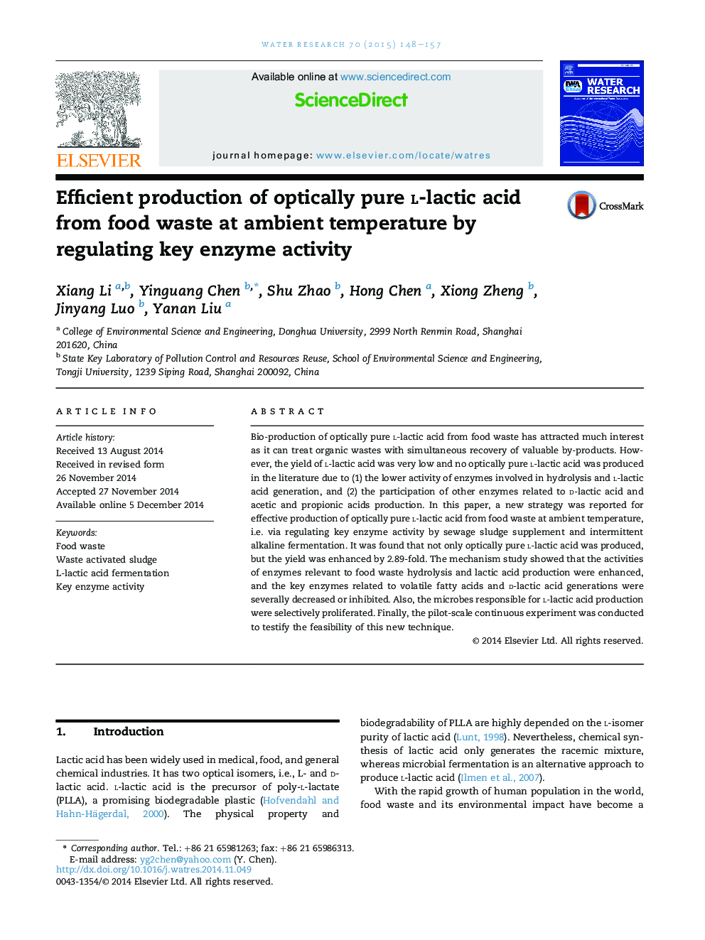 Efficient production of optically pure l-lactic acid from food waste at ambient temperature by regulating key enzyme activity