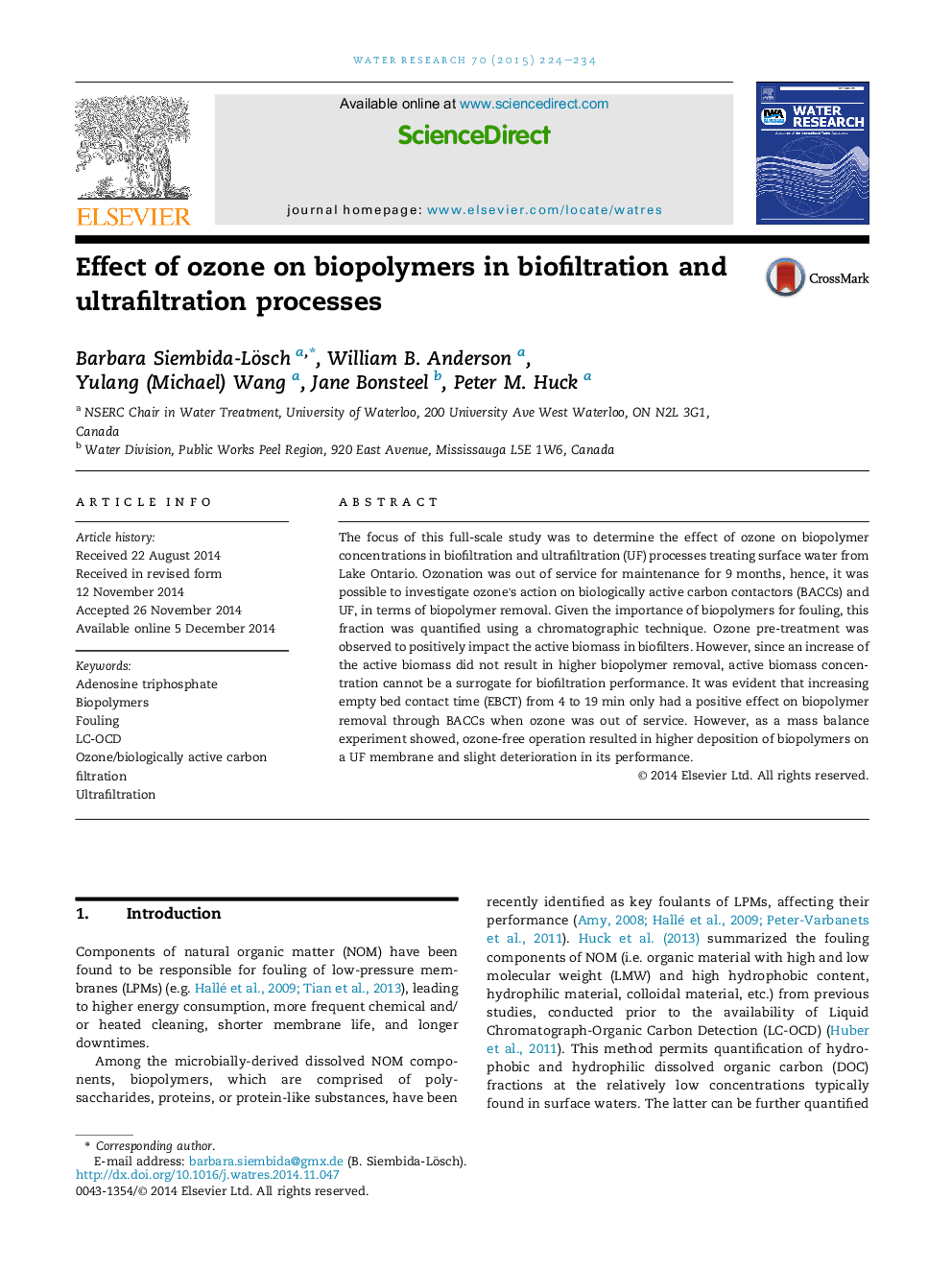 Effect of ozone on biopolymers in biofiltration and ultrafiltration processes