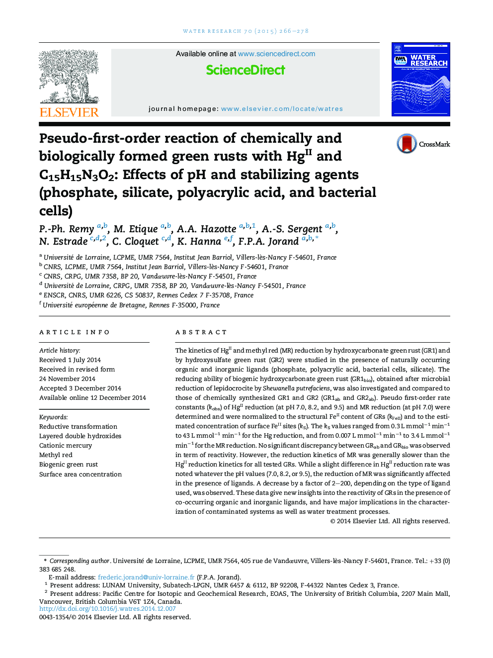 Pseudo-first-order reaction of chemically and biologically formed green rusts with HgII and C15H15N3O2: Effects of pH and stabilizing agents (phosphate, silicate, polyacrylic acid, and bacterial cells)