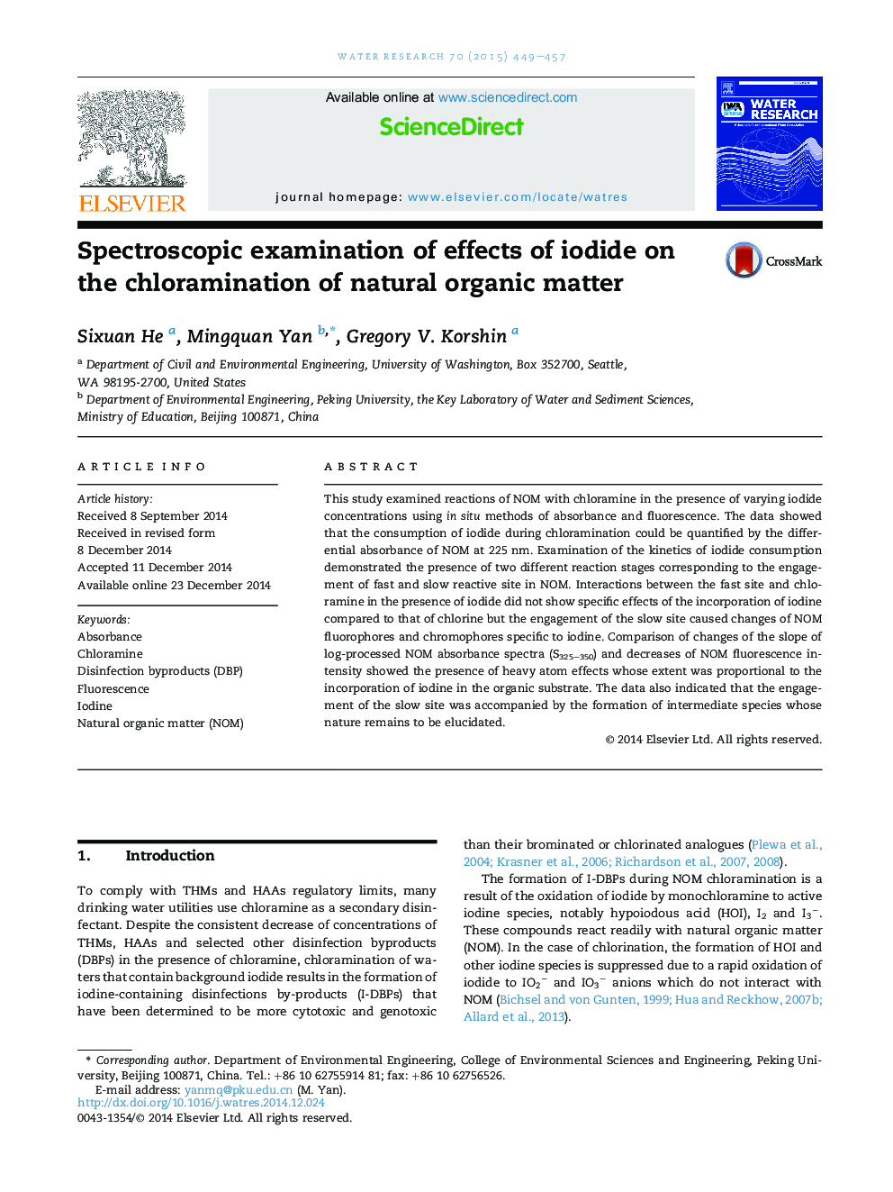 Spectroscopic examination of effects of iodide on the chloramination of natural organic matter