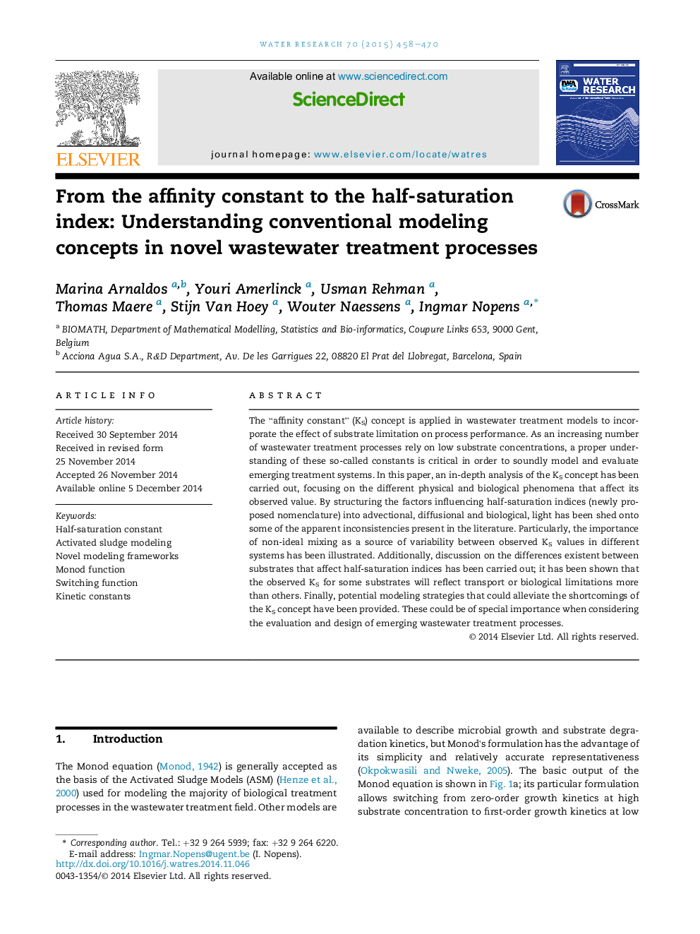 From the affinity constant to the half-saturation index: Understanding conventional modeling concepts in novel wastewater treatment processes