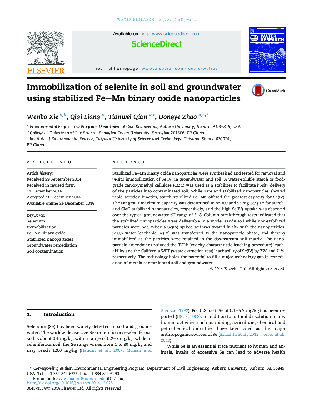 Immobilization of selenite in soil and groundwater using stabilized Fe–Mn binary oxide nanoparticles