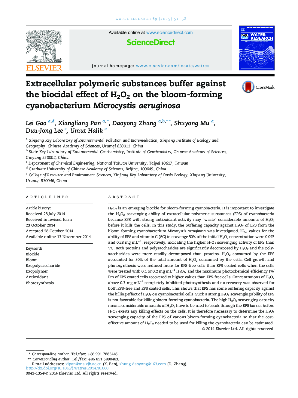 Extracellular polymeric substances buffer against the biocidal effect of H2O2 on the bloom-forming cyanobacterium Microcystis aeruginosa